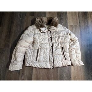 Old Navy Puffer Jacket Womens Medium Cream Excellent Faux Fur Trim Quilted Coat